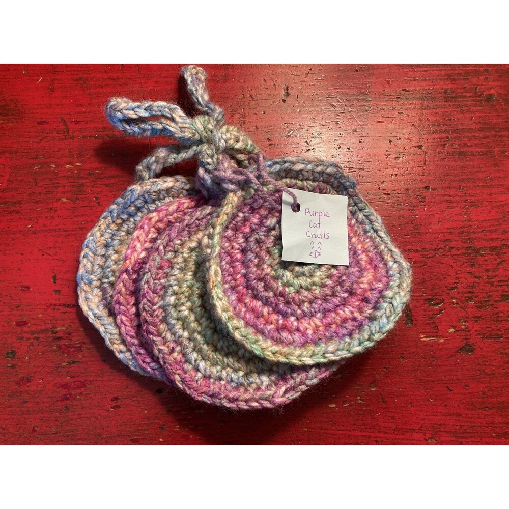 PURPLE CAT CRAFTS Handmade Crocheted Coasters Lot of 4 Multicolor Colorful